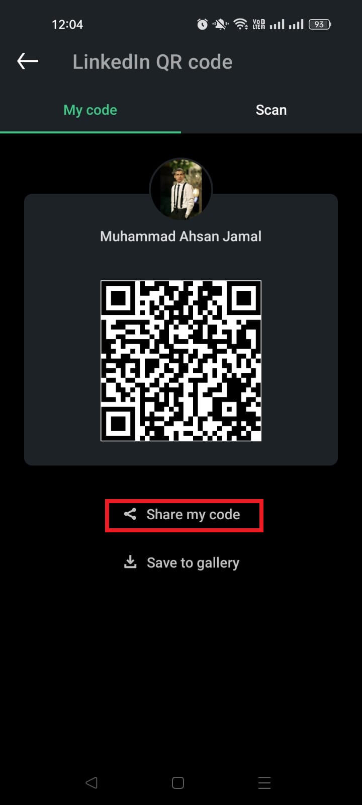 LinkedIn Share my code option on mobile
