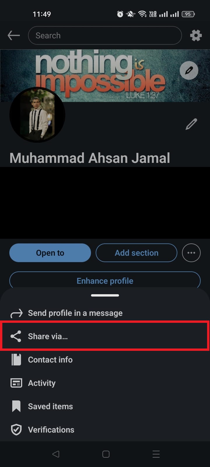 LinkedIn Share profile via... option on mobile