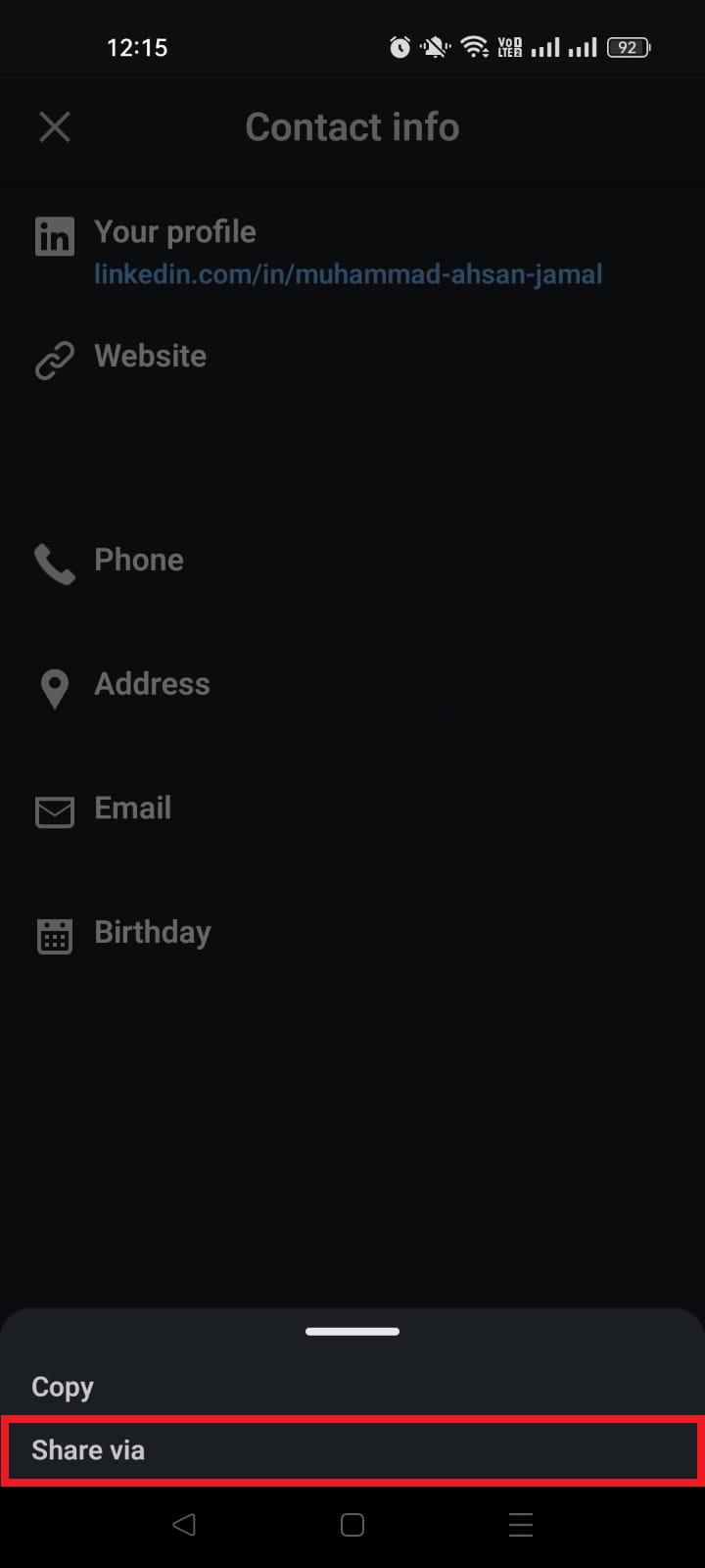 LinkedIn Share via option on smartphone