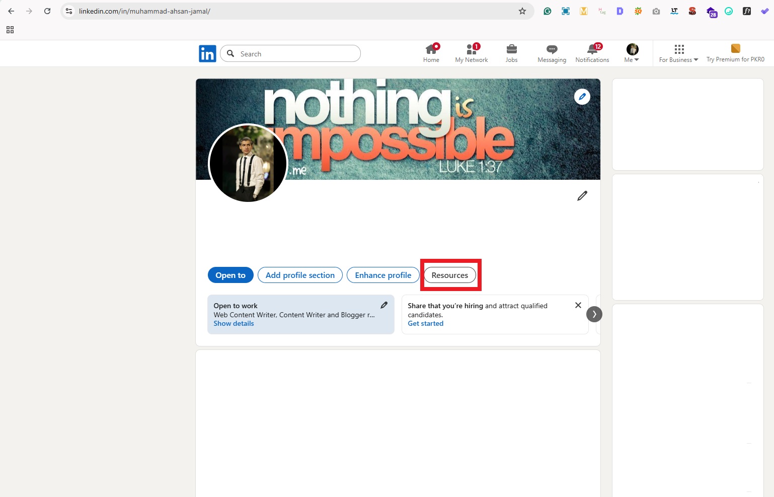 LinkedIn profile Resources button on desktop