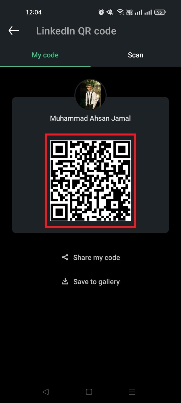 Personal LinkedIn QR code on mobile