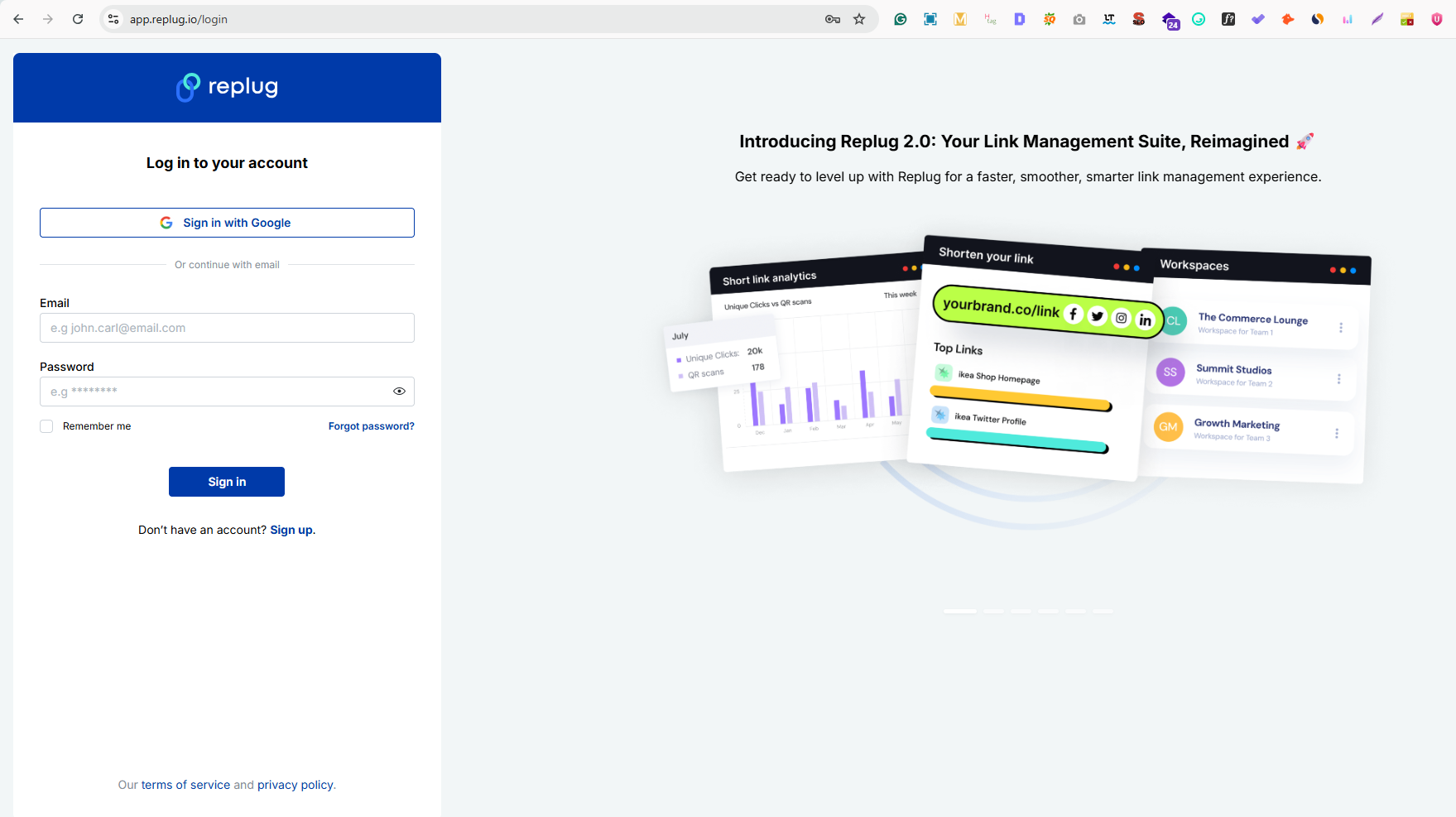 Replug app login page