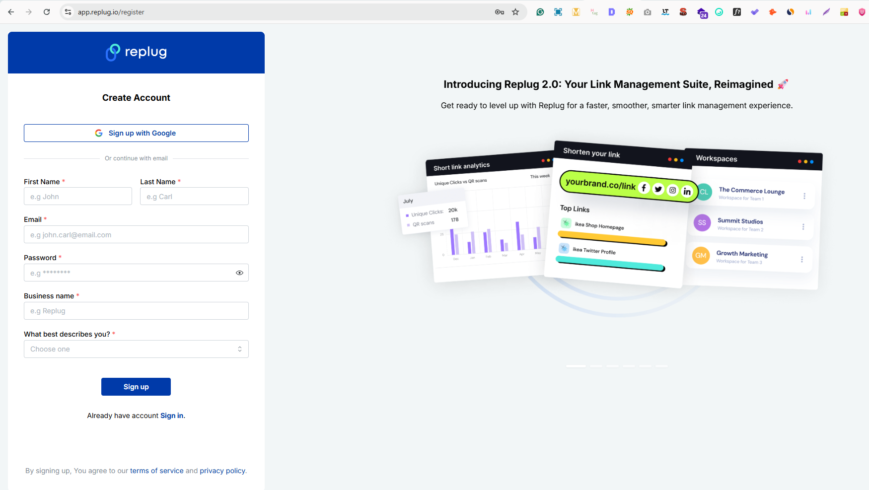 Replug app signup page
