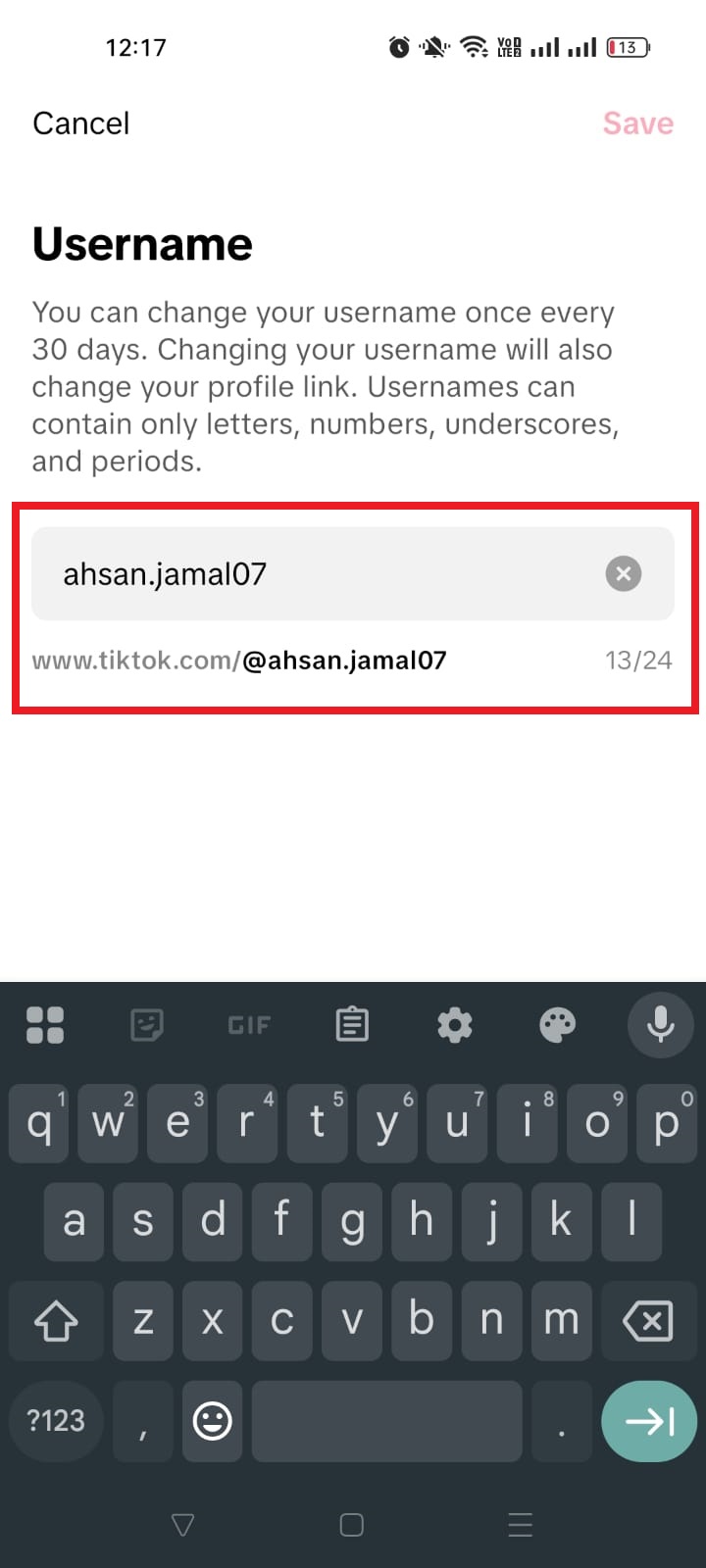 TikTok current username on mobile