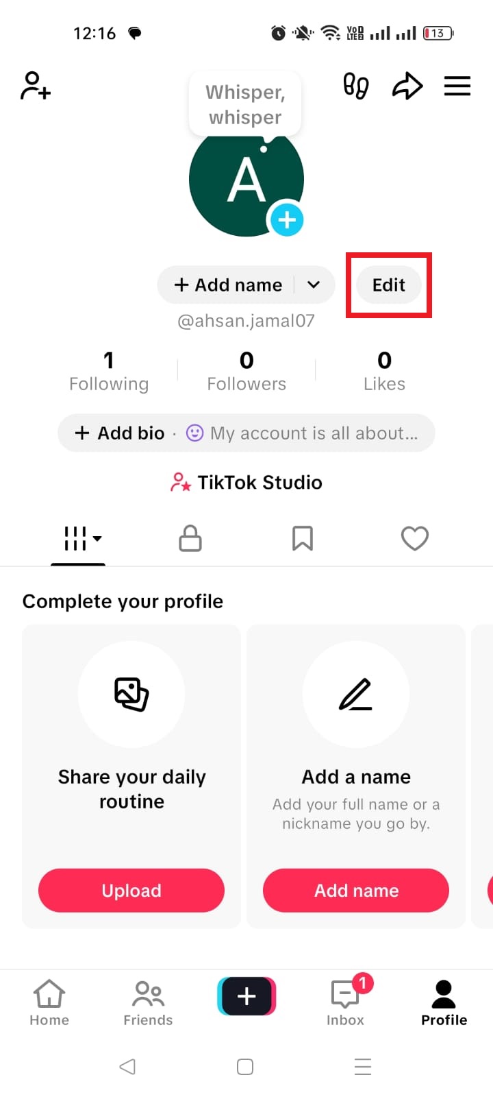 TikTok edit profile option on mobile
