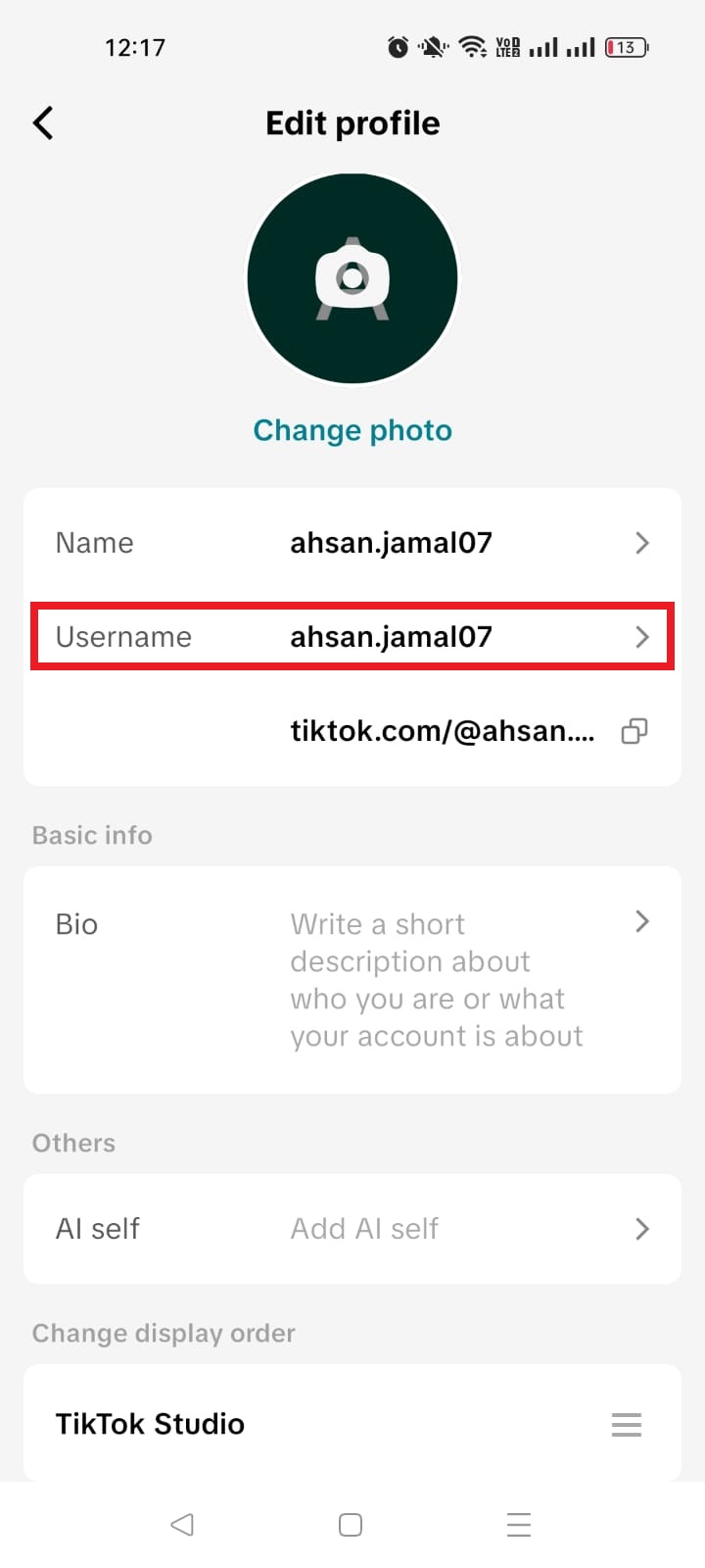 TikTok edit username option on mobile