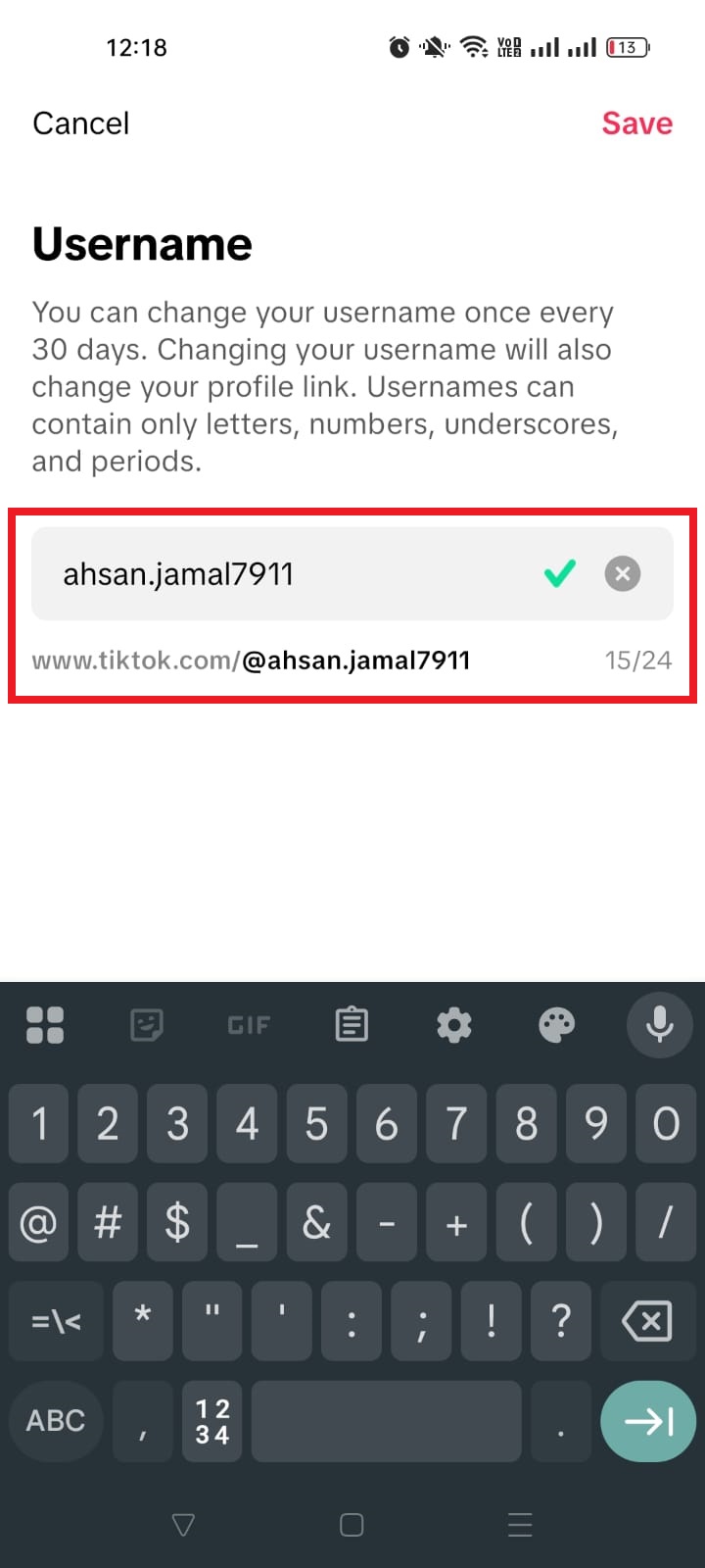 TikTok new or updated username on mobile