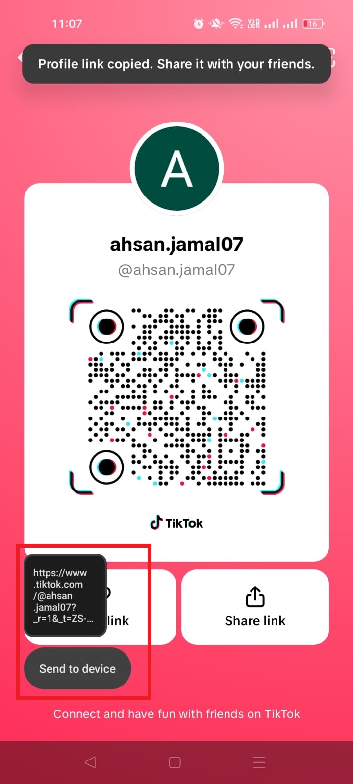 TikTok profile URL copied to clipboard