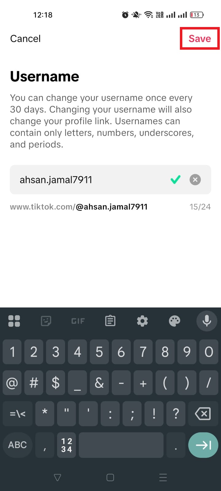 TikTok save username option on mobile