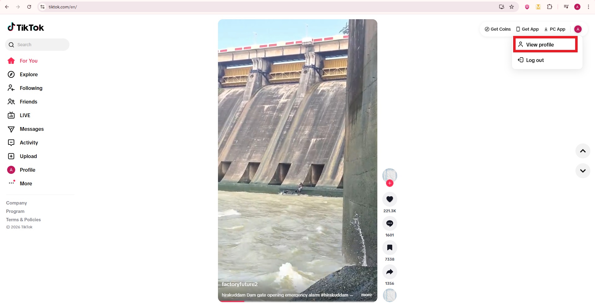 TikTok view profile option on web