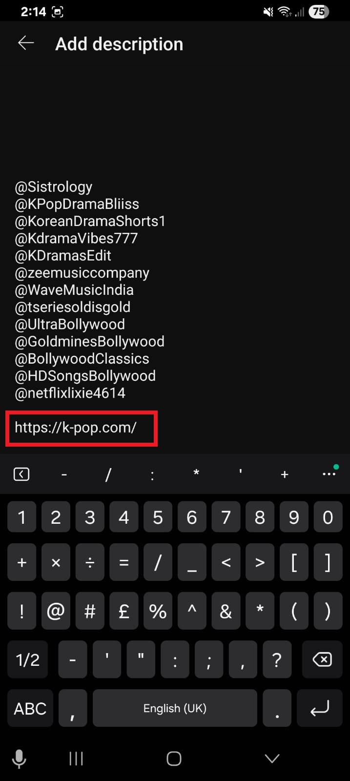 Clickable link inside the video description section on YouTube Studio app