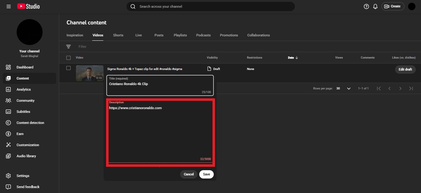 Clickable link inside the video description section on YouTube Studio web app