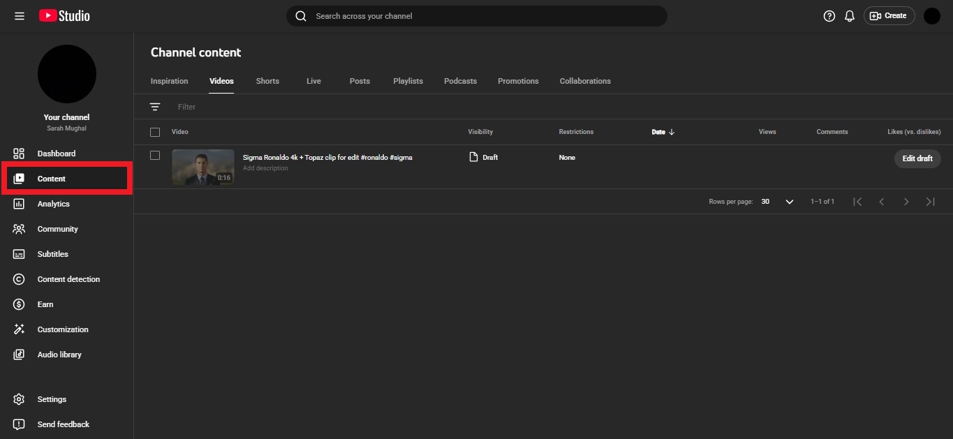 Content option inside YouTube Studio web app