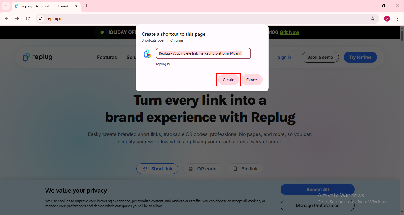 Create shortcut Google Chrome