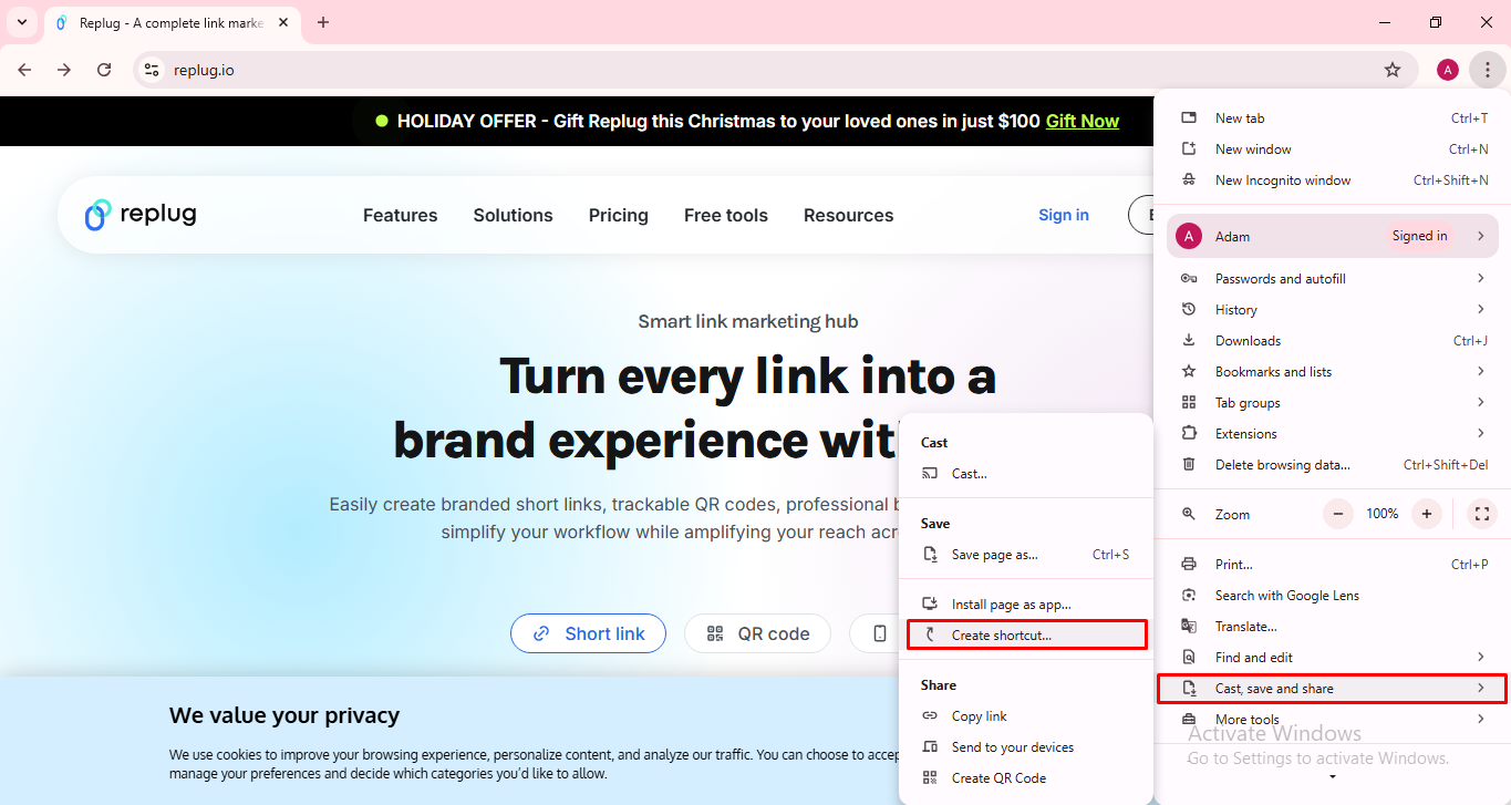 Create shortcut option Google Chrome