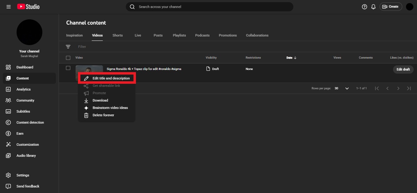 Edit (pencil) icon inside YouTube Studio web app