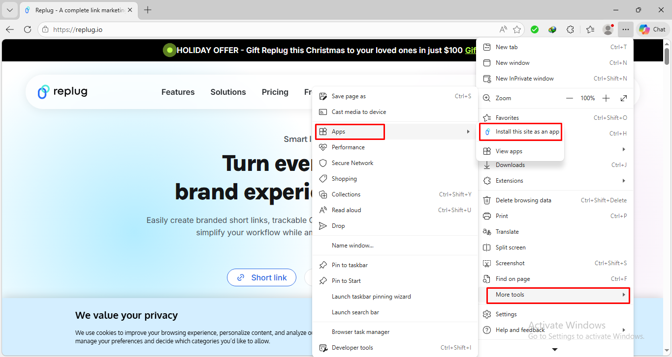 Install this site as an app option in Microsoft Edge