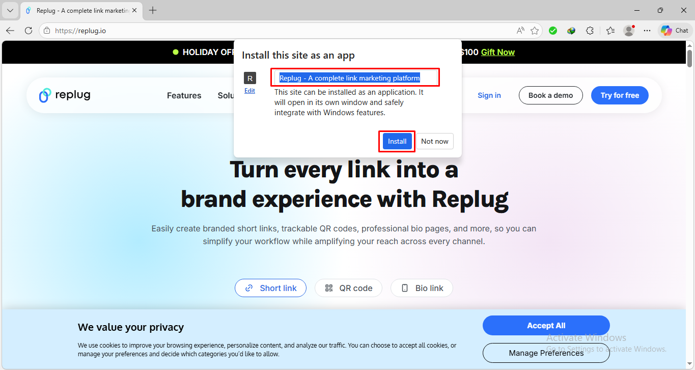 Install this site as an app pop-up Microsoft Edge