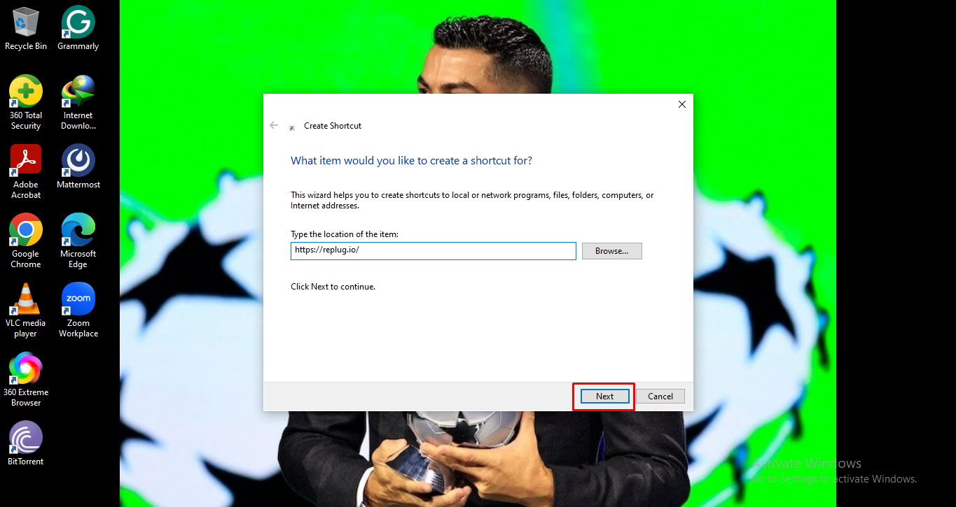 Next button when creating shortcut