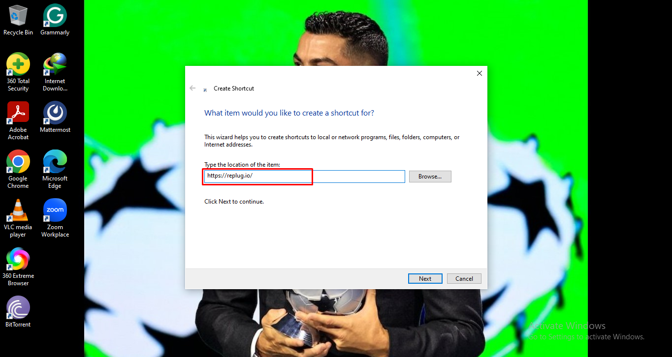 Paste website URL for creating shortcut