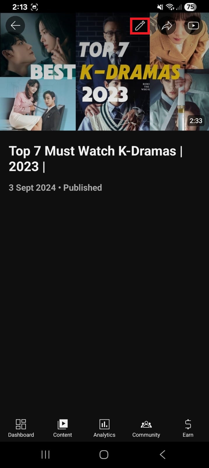 Pencil (edit) icon inside YouTube Studio app