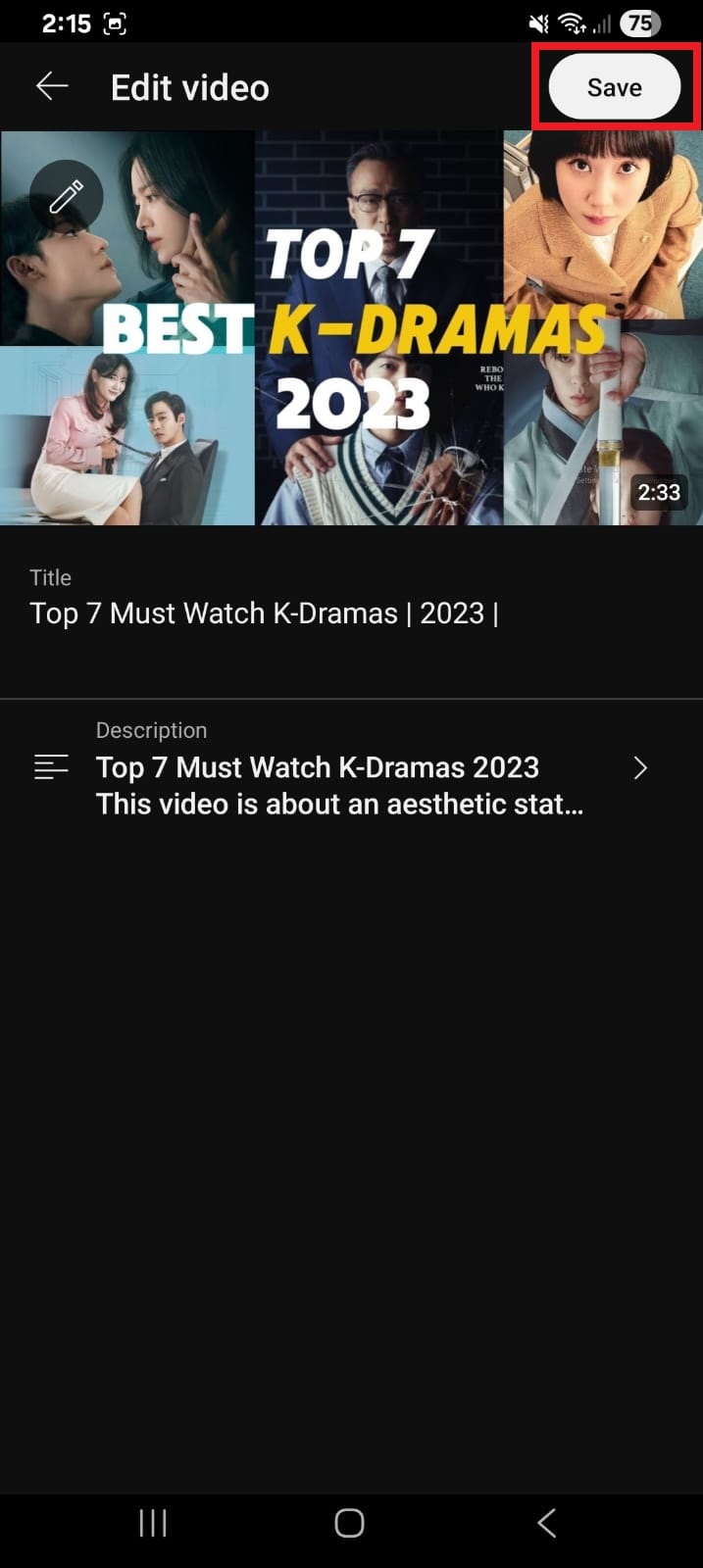 Save button inside the YouTube Studio app
