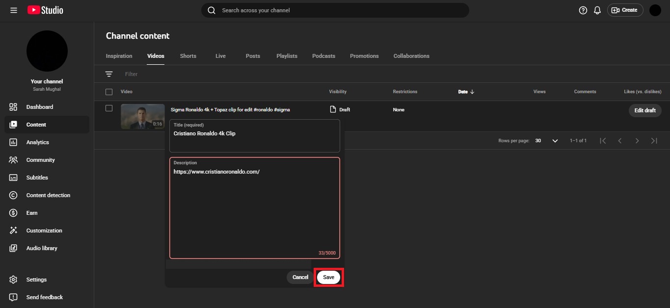 Save button inside the YouTube Studio web app