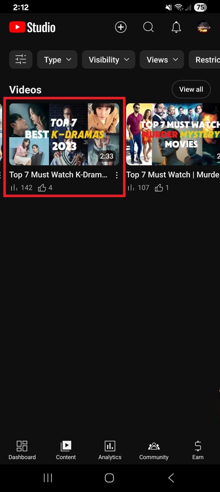 Select a video inside YouTube Studio app