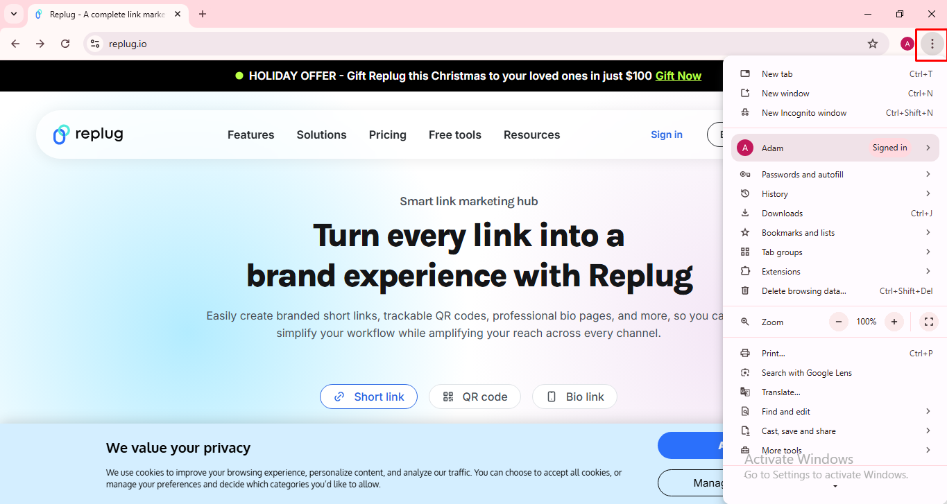 Three dots menu Google Chrome