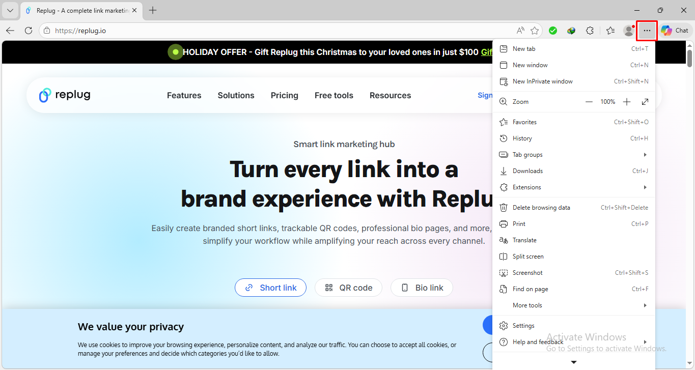Three dots menu Microsoft Edge