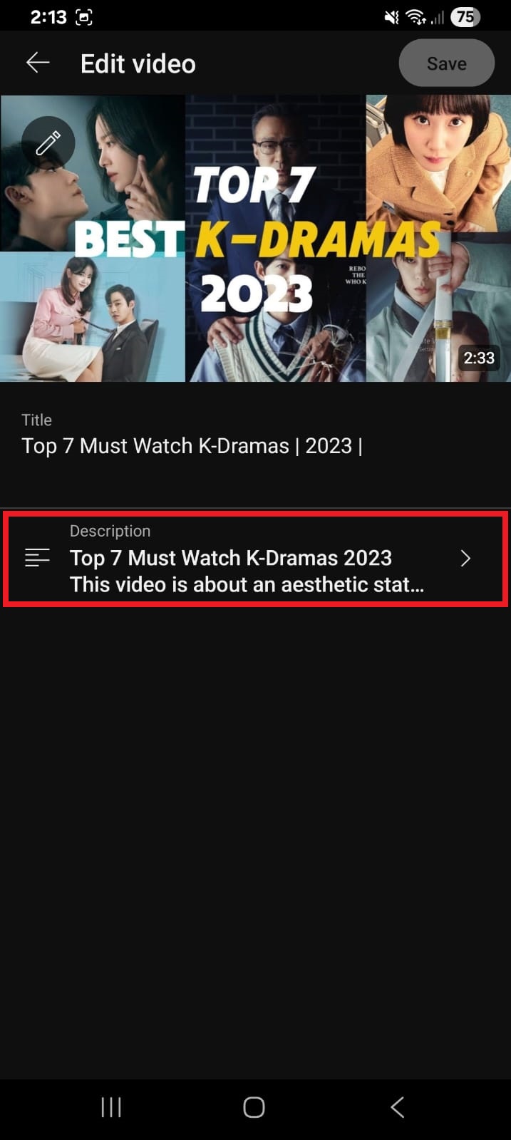 Video description section inside YouTube Studio app
