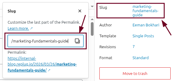 Click and edit the slug inside WordPress