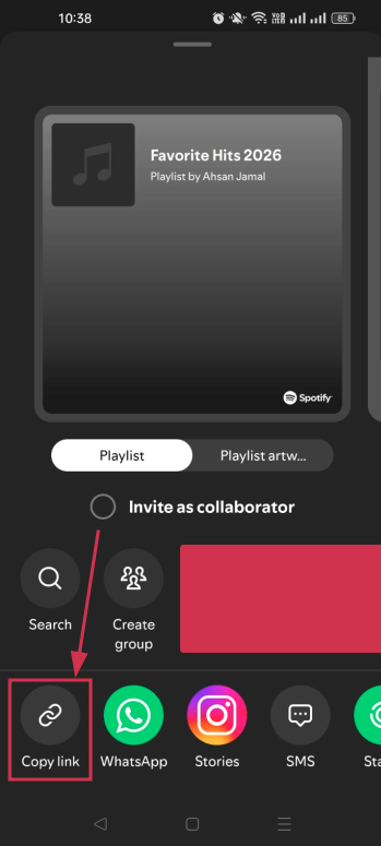 Copy link of a playlist inside the Spotify mobile app