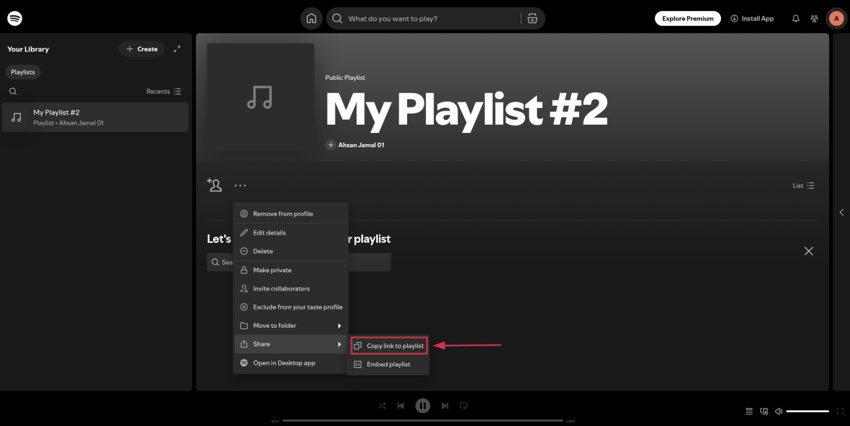 Copy link to playlist option inside the Spotify web app