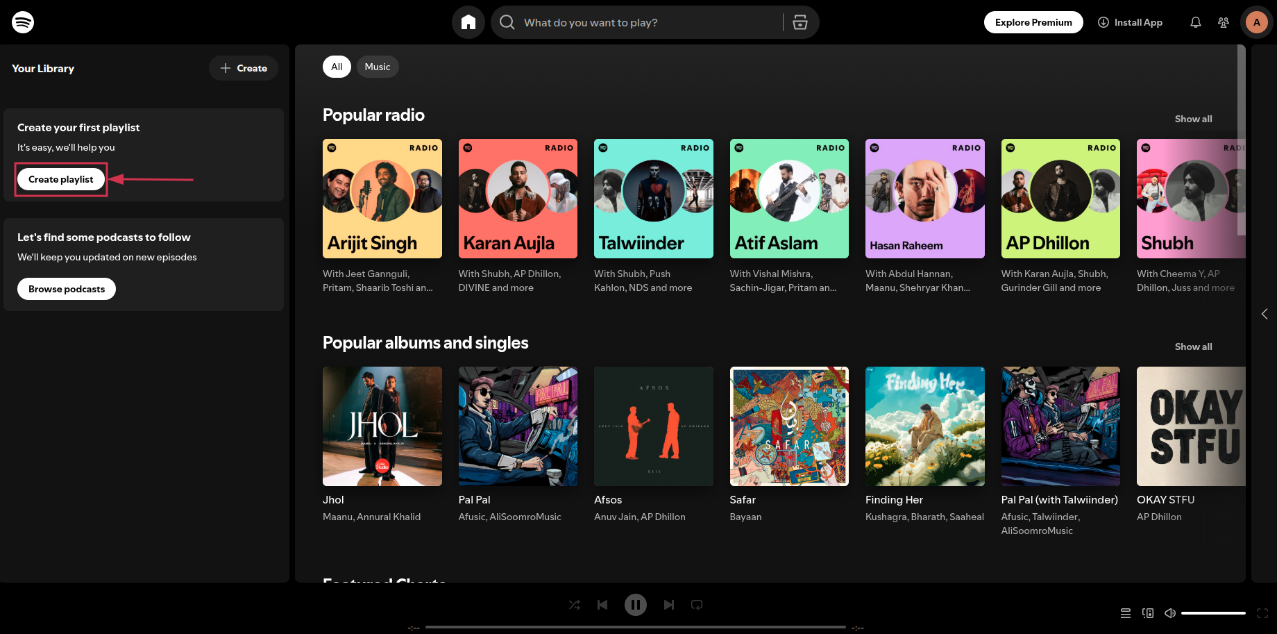 Create playlist button inside the Spotify web app