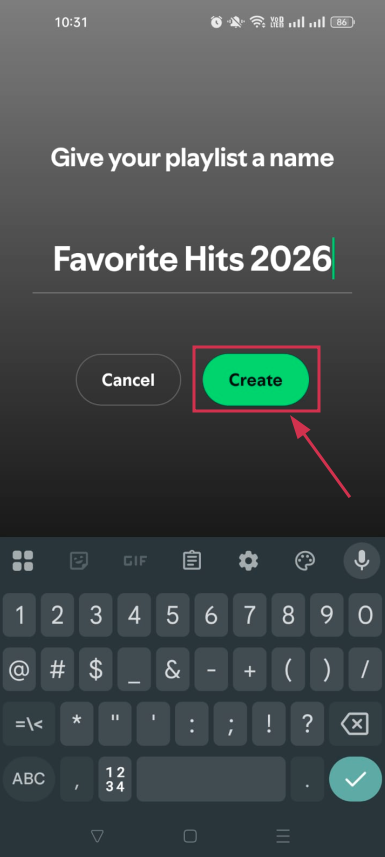 Playlist create button inside the Spotify app