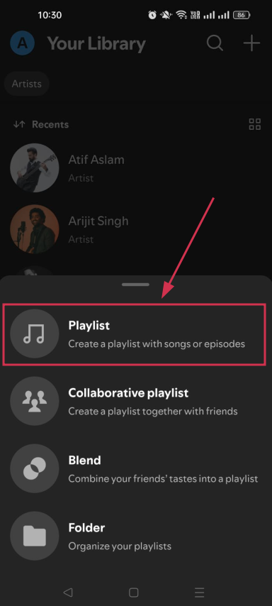 Playlist option inside the Spotify app