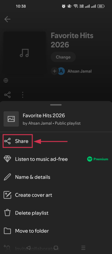 Playlist share option inside the Spotify mobile app
