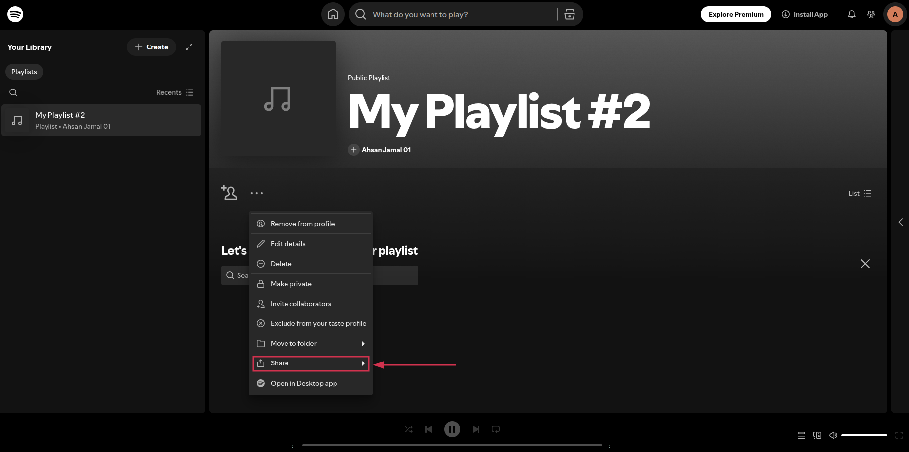 Playlist share option inside the Spotify web app