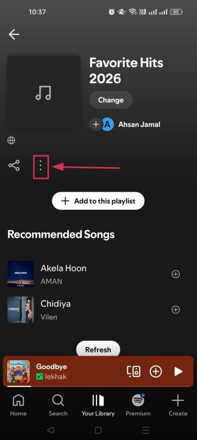Three dots (⋮) icon under playlist inside the Spotify mobile app