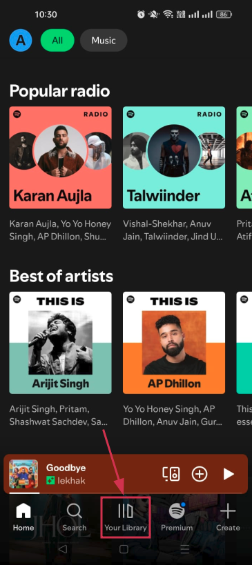 Your Library option inside the Spotify app