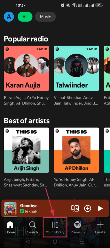 Your Library option inside the Spotify mobile app