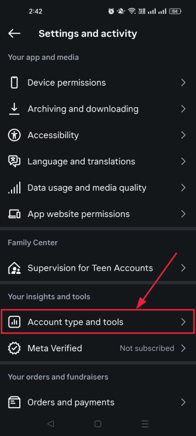 Account type and tools option inside the Instagram app
