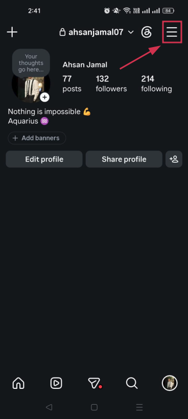 Menu icon (≡) inside the Instagram app