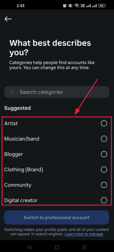 Pick a category for your business inside the Instagram app