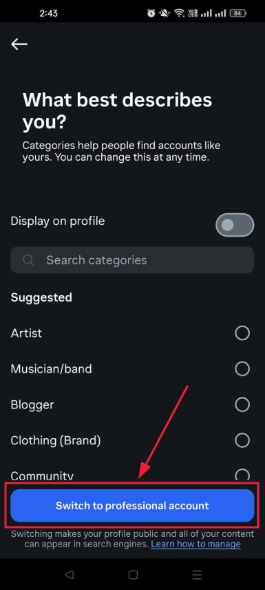 Switch to professional account button inside the Instagram app