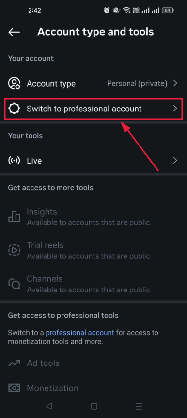 Switch to professional account option inside the Instagram app