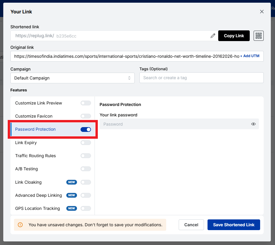 Password Protection toggle button inside Replug