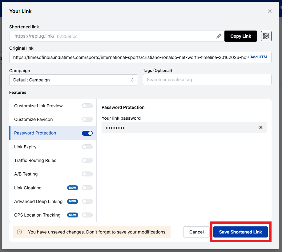 Save Shortened Link button inside Replug