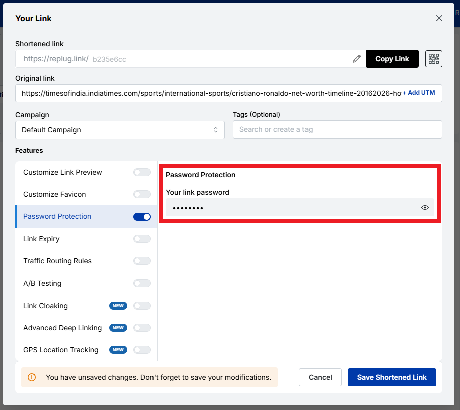 Your link password option inside Replug